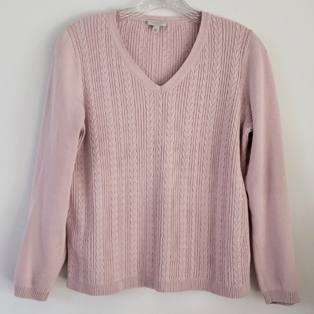 TALBOTS Petite Women's Soft Pink Cable Knit V Neck Cotton Sweater, Size M
